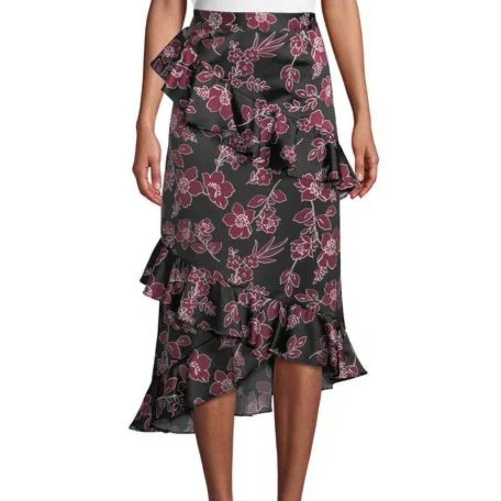 Tahari ASL Floral Asymmetrical Ruffle Skirt Sz 2